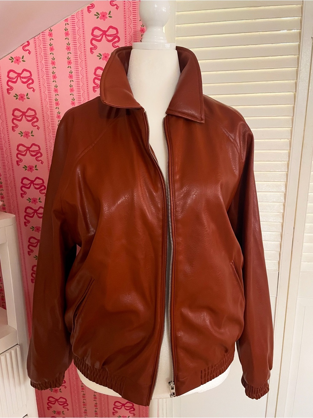 Zara Brown Leather Bomber Jacket